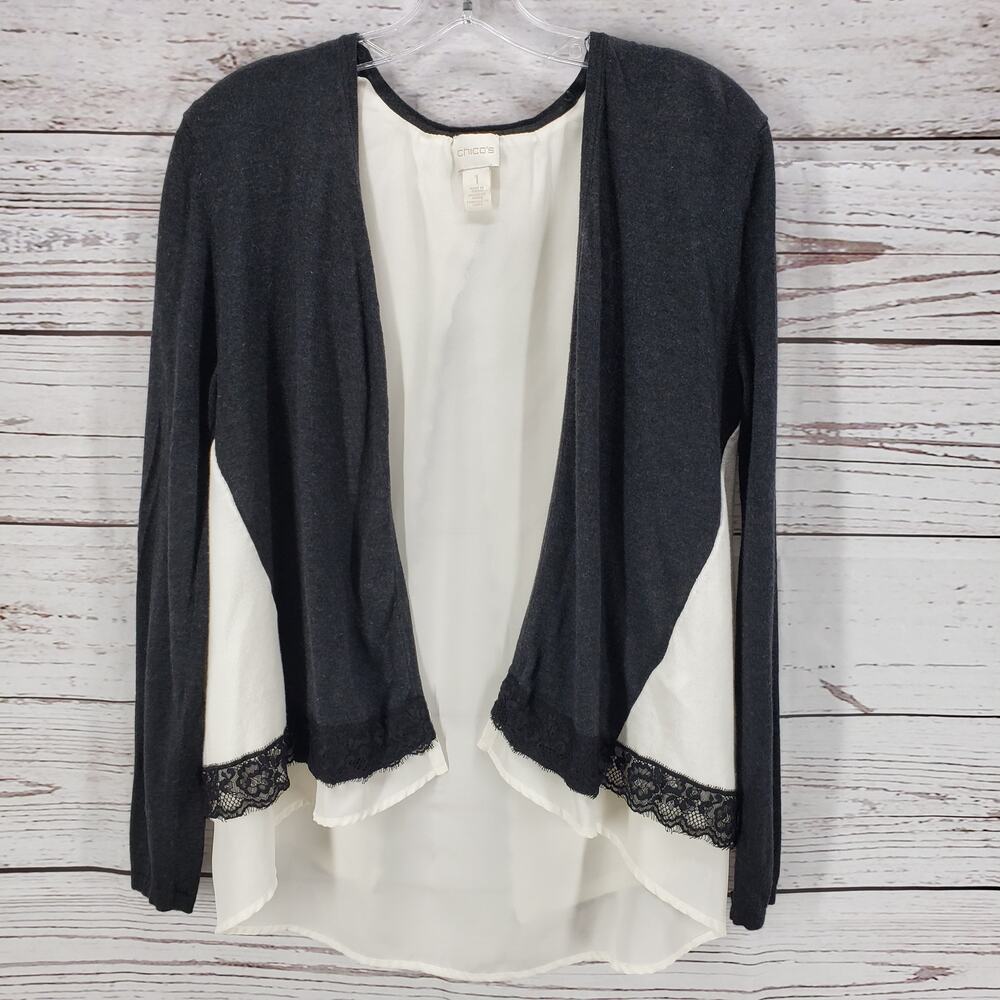 Chico's Black and White Open Front Lace Detail Cardigan Size 1
